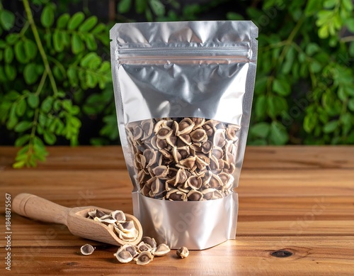 Pouch of seeds & scoop sit on wood, leafy backdrop. Fresh, neutral, inviting product
