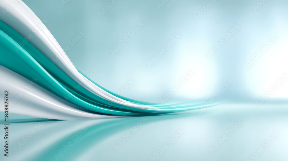 Naklejka premium Abstract flowing waves in teal and white colors creating smooth dynamic curves on a reflective surface with soft gradient background
