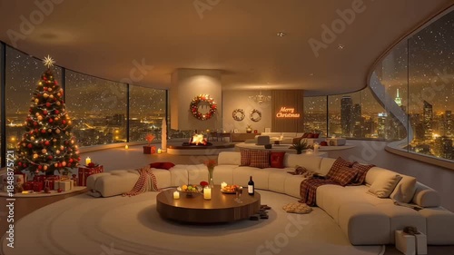 A modern living room with curved windows, Christmas tree, wine table, and festive decor, offering panoramic city views and cozy holiday ambiance