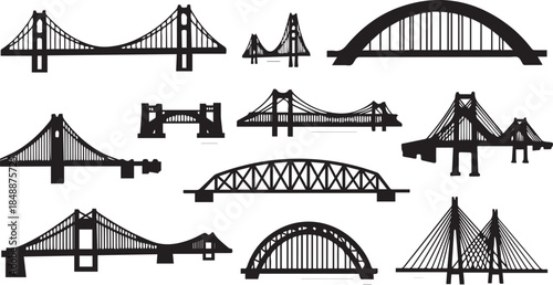 Collection of various bridge silhouettes isolated on white background