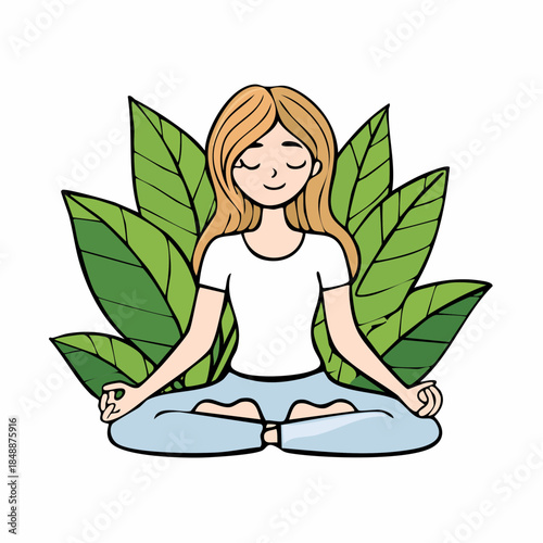Jeune femme en position du Lotus, méditation, yoga, entourée de feuillage, isolé sur fond blanc