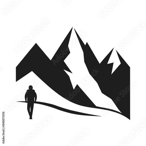 Mountain Landscape With Lone Hiker Representing Adventure Solitude And Personal Journey Line Art Vector illustration