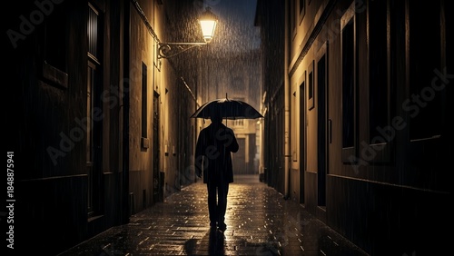 A minimalistic night scene of a lone person walking under an umbrella in a quiet alley during rainfall.