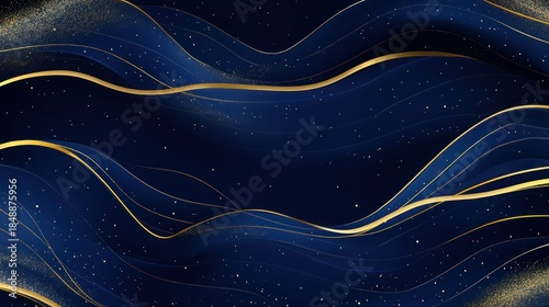 Abstract dark blue background with gold lines, waves, and sparkling particles