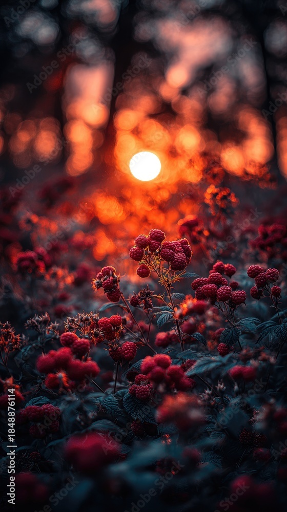 Fototapeta premium In the sunset, there is an old wooden fence covered with red raspberries hanging on it