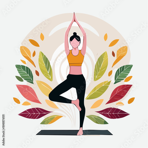 Jeune femme fait du yoga debout, sérénité, zen, position, isolée sur fond blanc  