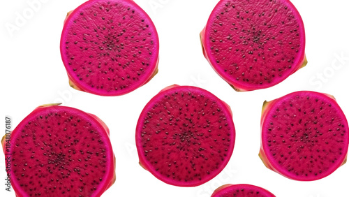 Schilderij op canvas Vibrant pink dragon fruit slices isolated PNG, exotic tropical fruit cut on tran