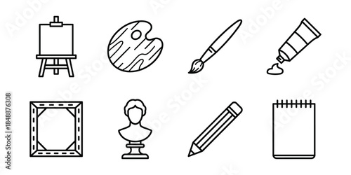 Art supplies line icons set, creative tools