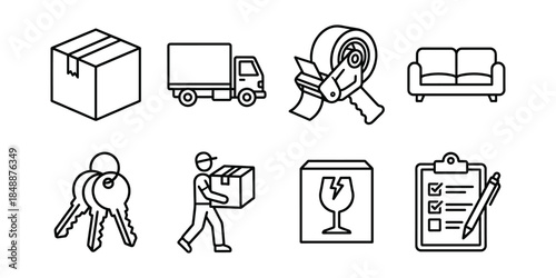 Moving delivery line icons set, logistics service