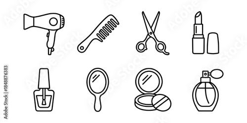 Beauty and cosmetics line icons set, salon makeup tools