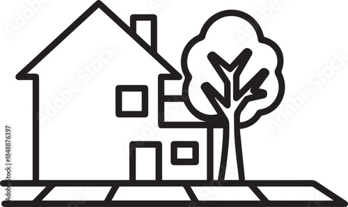 Minimalist House and Tree Line Art Vector Icon Isolated