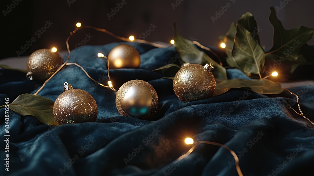 Naklejka premium Christmas ornaments arranged on elegant velvet cloth with fairy lights .