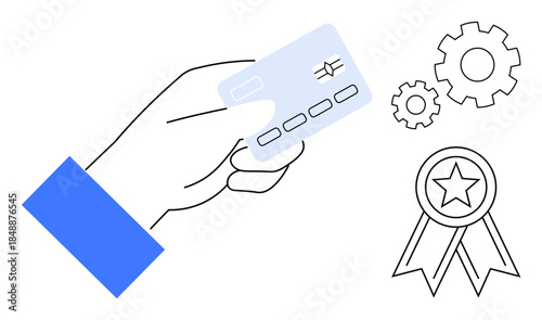 Financial transactions, payment processing, e-commerce, workflow management, efficiency, achievement. A hand holding a credit card with gears and an award ribbon. Payment processing and e-commerce