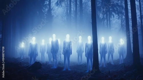 Eerie forest scene. Figures with glowing heads stand in a foggy, blue-lit woodland at night