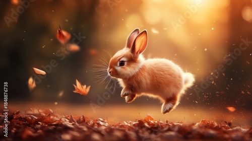 A fluffy, orange-brown rabbit leaps mid-air amongst falling leaves in a blurred, golden-hued autumnal scene