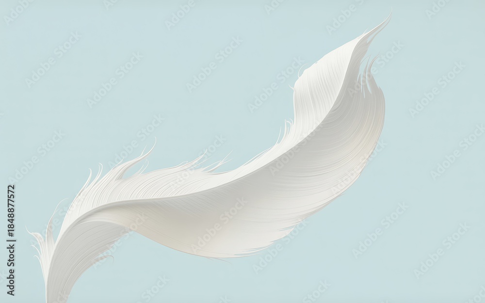 Obraz premium A single soft white feather gently floating on a light blue background