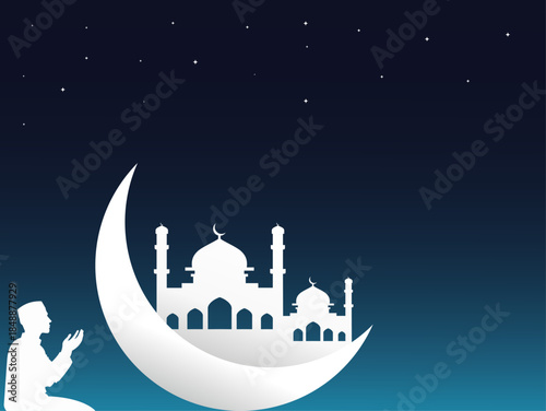 Minimal Islamic Mosque and Crescent Moon with Muslims Praying at Night