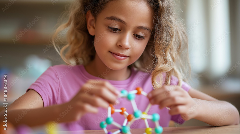 Fototapeta premium Faceless curious child building molecular model in science class, STEM education chemistry learning, structural biology activity, youth scientific construction, defocused young per