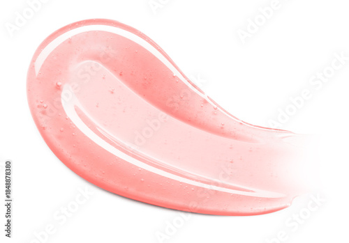 Pink lip gloss texture isolated on white background. Smudged cosmetic product smear. Makeup swatch product sample