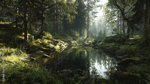 A tranquil view of a serene pond nestled within a dense forest. The lush greenery and sunlight create a sense of calm and the water's reflection mirrors the beauty of nature