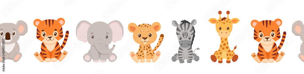 Naklejka premium Seamless border with cute safari animals. Childish endless pattern isolated on white background