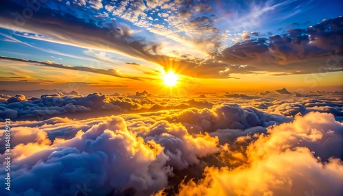 Radiant sunlight streams through layered clouds above a hazy landscape, a breathtaking vista of color and light