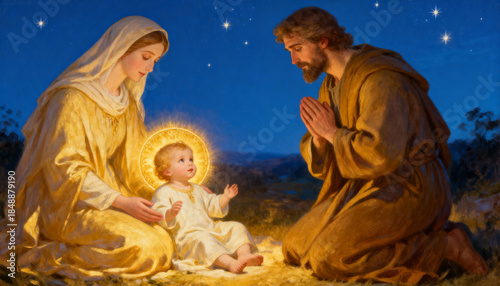 The Holy Family with the infant Jesus Christ under a starry night sky. Mary and Joseph adoring the baby Jesus with a divine halo. A classic religious painting of the Nativity scene for Christmas