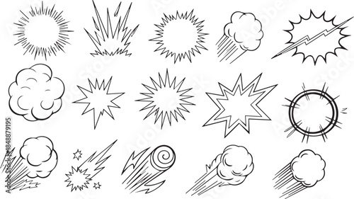 Line speed cartoon effect, boom explosive motion line element set. Comic boom burst, explosive smoke, line speed cartoon vector icon. Hand drawn sketch doodle action effect. Vector illustration