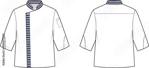 Modern chef jacket illustration showing front and back views with striped placket professional culinary uniform flat sketch