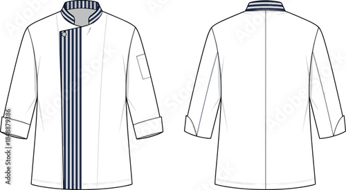 Professional chef jacket illustration showing front and back views with striped placket modern culinary uniform flat sketch