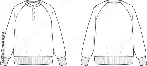 Raglan sleeve henley sweatshirt illustration showing front and back views casual knitwear fashion flat sketch