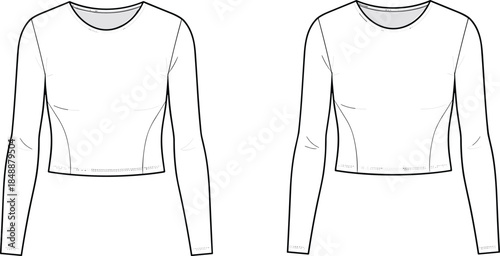 Technical fashion long sleeve crop top illustration showing front and back views apparel flat sketch for designers