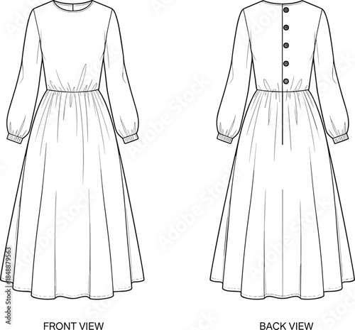 Women long sleeve maxi dress illustration showing front and back views with elastic waist button back fashion flat sketch