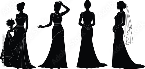 Elegant bride silhouettes vector illustration, wedding gown poses collection, female figures in long dresses, bridal fashion design, isolated black silhouettes