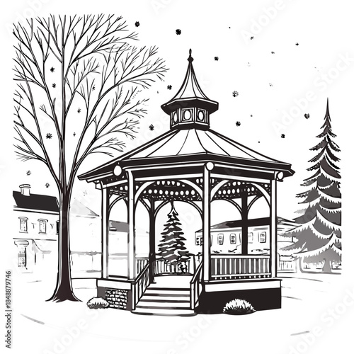 Winter Christmas Gazebo in Snowy Town Square – Vintage Hand Drawn Holiday Illustration, Festive Park Pavilion with Pine Trees, Seasonal Village Landscape Vector & Black and White Greeting Card Art