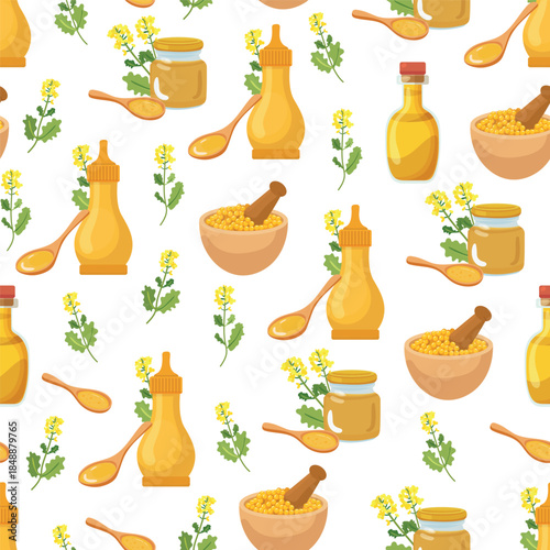 Mustard sauce seamless pattern. Flat vector clipart, illustration with isolated background.