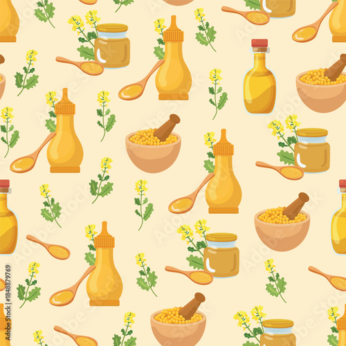 Mustard sauce seamless pattern. Flat vector clipart, illustration with isolated background.