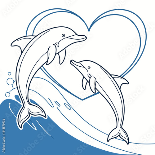 Two dolphins jumping in heart-shaped formation