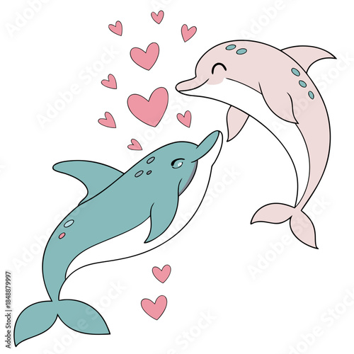 Playful dolphins surrounded by hearts