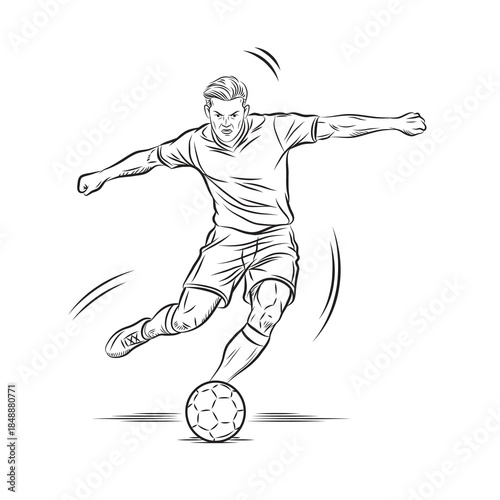 A line drawing of a football player kicking a soccer ball. Black lines on a white background.