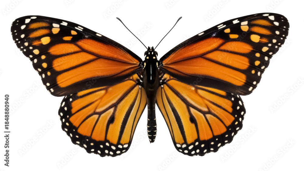 Fototapeta premium Isolated Orange Monarch Butterfly With Open Wings, Detailed View, Natural Light and Color