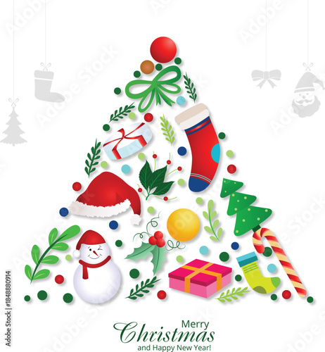 Decorativel christmas set of icons tree holiday card background