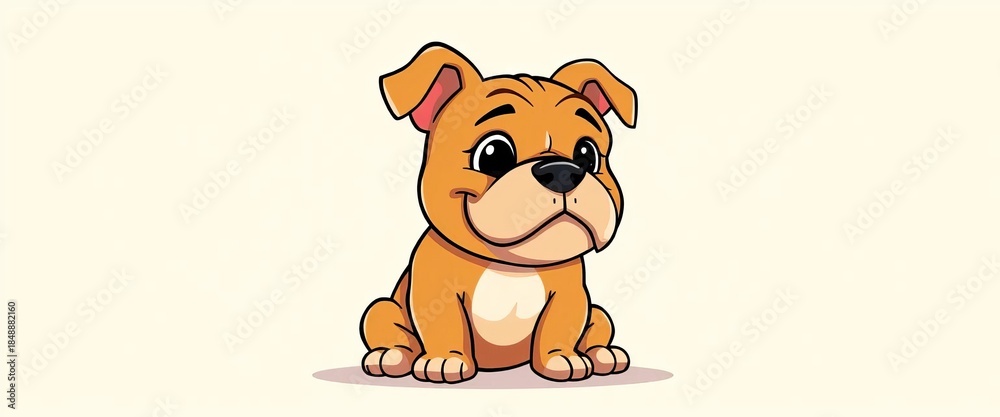 Fototapeta premium Cute cartoon bulldog illustration, sitting with a friendly expression, featuring characteristic wrinkles and sturdy build, simple vector art, pedigree, mascot