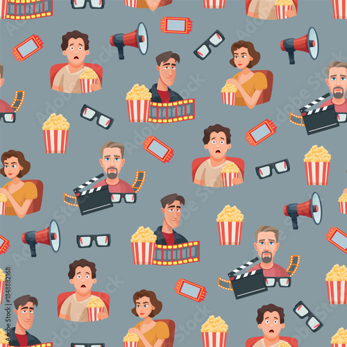 Movie seamless pattern. Flat vector clipart, illustration with isolated background.