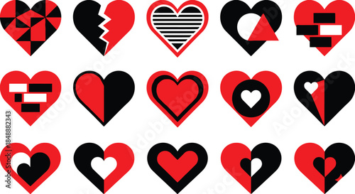 Varied collection of abstract red and black heart icons showcasing different designs and patterns
