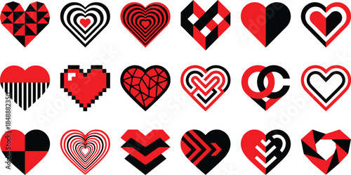 A diverse collection of geometric and abstract heart designs in red and black colors