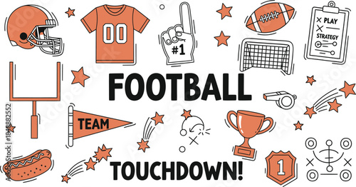 Collection of american football doodle icons and elements for sports design and game concept