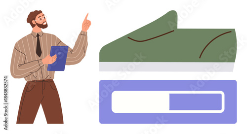Man holding clipboard presenting footwear concept next to oversized shoe and progress bar. Ideal for design process, creativity, teamwork, product development, fashion industry, workflow, simple flat