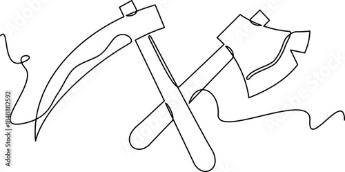 one line art axe and scythe vector illustration. line art, one continuous line, simple, hand drawn and sketch style. for icons, symbols, signs or logos. PNG