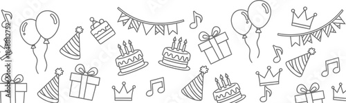 Hand drawn birthday party doodle elements collection vector illustration set